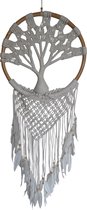 levensboom dromenvanger, dreamcatcher, muurdecoratie woonkamer lengte 125 cm breedte 45 cm kleur wit beige bruin versierd met kralen veren.