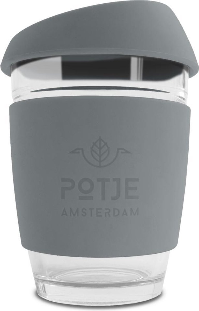 Potje Amsterdam Java Stone Gray 330ML – Re-usable Glass Cup – Koffie en Thee to go – Ideaal voor kantoor thuis en onderweg – Echt glas – Koffiebeker – Theebeker – Herbruikbaar