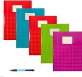 Schriften A4 Ruitjes 10mm - Met Kantlijn - Set van 5 stuks - Felle kleuren - Inclusief GRATIS Balpen - GRATIS verzonden