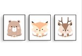 Poster Set 3 Lieve Vos Beer Hert - Bos Dieren - Kinderkamer - Dieren Poster - Babykamer - Kinderposter / Babyshower Cadeau - 40x30cm - PosterCity