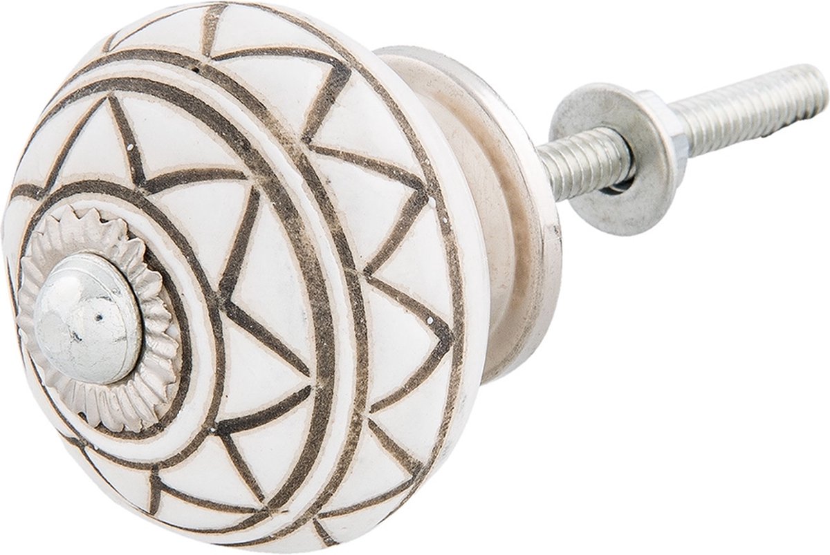 Clayre & Eef Deurknop Ø 4 cm Wit Bruin Keramiek Rond Ster Meubelknop Kastknop