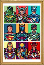 JUNIQE - Poster met houten lijst Superhelden Pop Art -30x45 /Kleurrijk