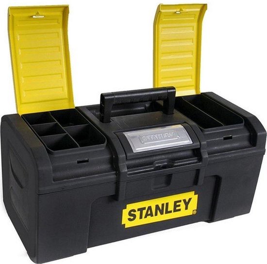 Zwarte Stanley gereedschapskoffer met gele deksels omhoog geklapt, toont vakjes aan de binnenkant.
