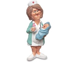 Grappige beroepen beeldje kraamverzorgster met baby - afmeting 19 cm de komische wereld van karikatuur beeldjes –  komische beeldjes – geschenk voor – cadeau -gift -verjaardag kado