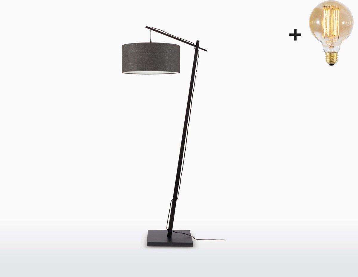 Vloerlamp – ANDES – Zwart Bamboe Voetstuk (h. 176 cm) - Donkergrijs Linnen - Met LED-lamp
