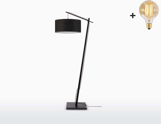 Vloerlamp – ANDES – Zwart Bamboe Voetstuk (h. 176 cm) - Zwart Linnen - Met LED-lamp