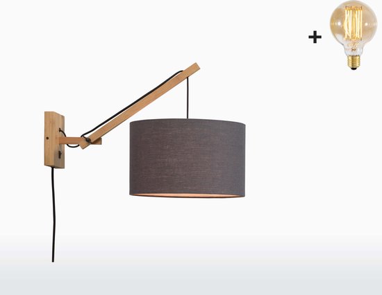 Wandlamp met Korte Arm - ANDES - Naturel Bamboe - Donkergrijs Linnen - Met LED-lamp
