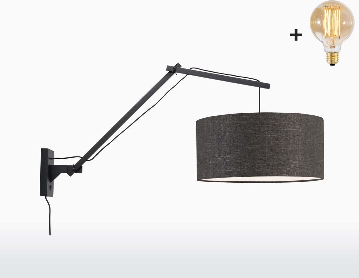 Wandlamp met Lange Arm - ANDES - Zwart Bamboe - Donkergrijs Linnen - Met LED-lamp