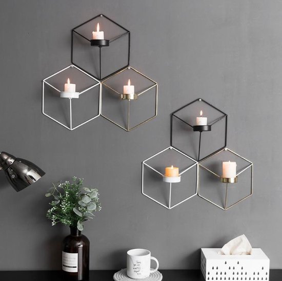 MIRO Kandelaar Waxinelichthouder Muur Wand Nordic Decoratie Set van 3 Metalen Wandkandelaars Geometrisch Smeedijzer