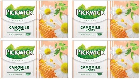 Vier verpakkingen Pickwick Kamille Honing thee met een afbeelding van kamillebloemen en een honingraat.