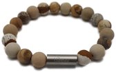 H-Beau - Bracelet fait main de pierres précieuses / pierres naturelles - perles de jaspe - unisexe - perle en acier inoxydable - 8 mm - longueur 16,5 cm - feutré - beige / marron