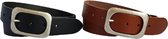 De Riemenspecialist - Combi deal 2 leren riemen met platte ronde gesp in de kleuren Zwart en Cognac 4 cm breed maat 115 - Echt Leer - Totale lengte 130
