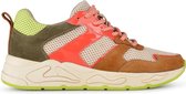 PS Poelman Dames - MINION Combo Mesh Suède Leren Runner Sneakers met Lakleer Details - Beige Cognac Bruin Groen Rood Multi - Maat 36