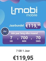 L-Mobi PrePaid Simkaart - ( 1 jaar lang - krijg elke maand 7GB | 700 belminuten | 70 sms'jes) Netwerk van KPN