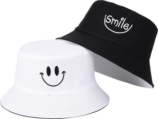 Reversible bucket hat - vissershoedje - zonnehoed - smiley - zwart/wit - omkeerbaar