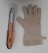 BBQ handschoen Leer - met 3-delig bbq-gereedschapset RVS en houten handgreep