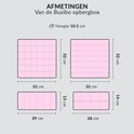 Afmetingen van roze opbergboxen: 32x32 cm (hoogte 10.5 cm), 39x15 cm en 28x14 cm.