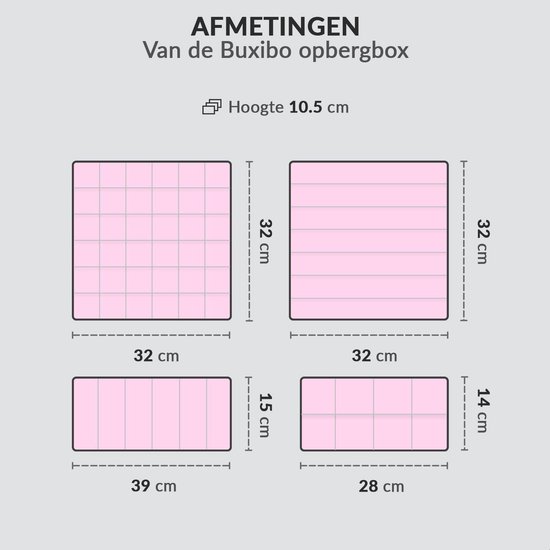 Afmetingen van roze opbergboxen: 32x32 cm (hoogte 10.5 cm), 39x15 cm en 28x14 cm.