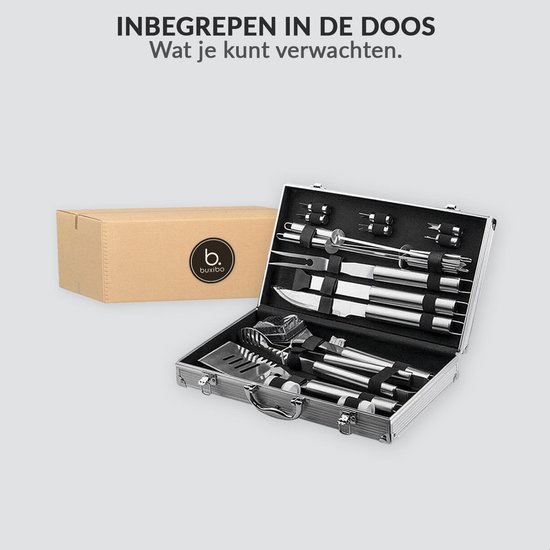 BBQ Set - 18-delige Barbecue Toolbox Accessoires - Luxe Barbecuegereedschapset + Koffer - Buxibo