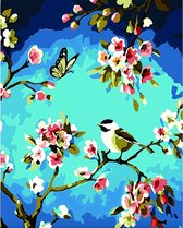 Schilderen Op Nummer Volwassenen - Vogel Met Vlinder en Bloemen - Opgerold kreukvrij canvas Inclusief Houten Opspan Frame Lijst