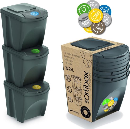Set van 3x kunststof afvalscheidingsbakken grijs van 25 liter - Scheidingsprullenbakken