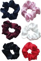 ZIJDE SCRUNCHIES voordeelverpakking 6 stuks - roze wit rood blauw zwart