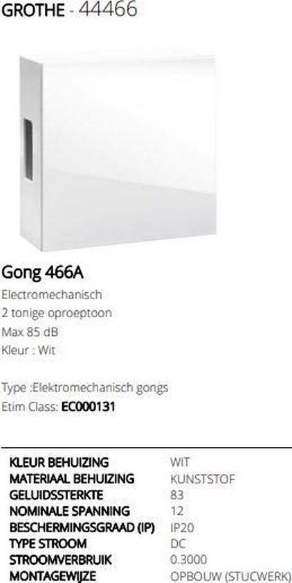 Witte elektromechanische gong, 8-12V, type 466A, 85 dB geluid.