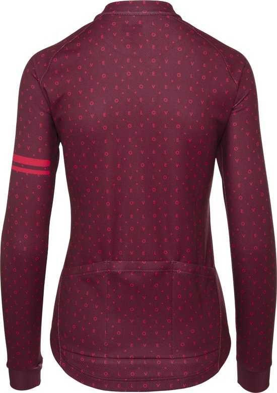 Bordeauxrode longsleeve fietstop met repetitief 'love' patroon. Twee rode strepen op de linker mouw. Drie zakken aan de achterkant.