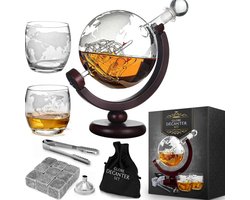 MikaMax Globe Whiskey Decanter – Standaard Versie – Whiskey Set – Complete Set – Whiskey Karaf – Incl. 2 Whiskey Glazen en Whiskey Stones – 900 ML Image