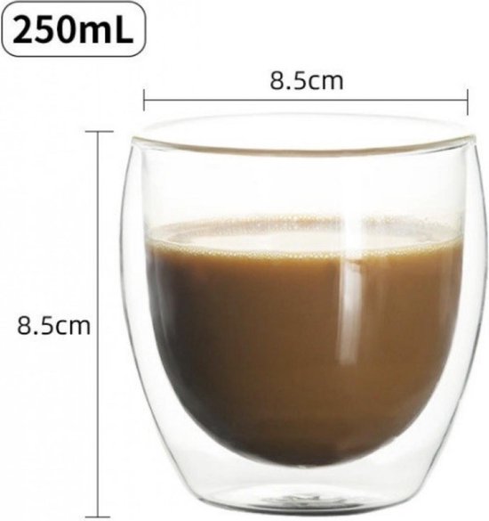 Dubbelwandige glazen - Set van 6 stuks - 250 ml - Thermisch glas - Koffieglazen - Theeglazen - Warme en Koude dranken - Geschenkdoos - Giftset - Merkloos