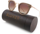 Bluxer® Zonnebril - Hippe Zonnebril Gepolariseerd - UV400 Lens - Rosegold Metal Frame - Walnut Wood - Bruine Lens