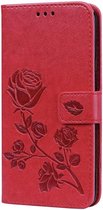 Telefoonhoesje met pasjeshouder Alcatel 1S 2020 + Rood met Rozen Design - Klaphoesje - Plaats voor pasjes - Bloemen - Roos
