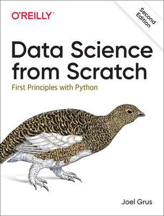 Livre "Data Science from Scratch: First Principles with Python", deuxième édition, avec une illustration d'un oiseau.