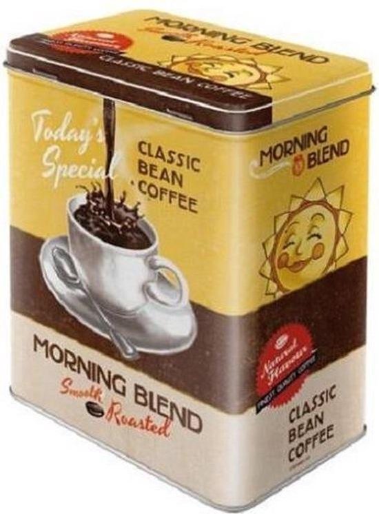 Bewaarblik Koffie - Coffee Morning Blend (in leuke design en relief uitgevoerd)
