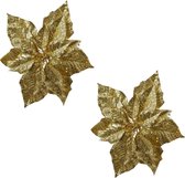 2x stuks decoratie bloemen kerststerren goud glitter op clip 23 cm - Decoratiebloemen/kerstboomversiering
