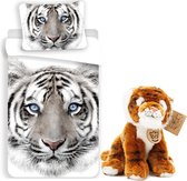Dekbedovertrek Tijger - 1 persoons - Dekbed jongens meisjes - White Tiger- blauwe ogen- Katoen, incl. speelgoed knuffel tijger 21cm