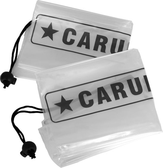 Twee opgevouwen Caruba regenhoezen met trekkoord en kogelstopper, op witte achtergrond.