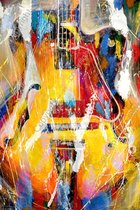 JJ-Art (Glas) 90x60 | Elektrische gitaar abstract, graffiti in olieverf look | industrieel, muziek instrument | Foto-schilderij-glasschilderij-acrylglas-acrylaat-wanddecoratie | KI