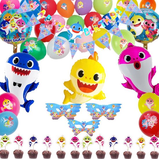 Shark Ballonnen Baby Ping fong|Deluxe Feest pakket - Papa Mama Ballon - Vlaggenlijn - Slinger - Verjaardag - Kinderfeestje - Themapakket haaien - Vissen Versiering - 49 items inclusief opblaasrietje