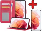 Samsung S21 Hoesje Book Case Met Screenprotector - Samsung Galaxy S21 Case Hoesje Wallet Cover Met Screenprotector - Donker Roze