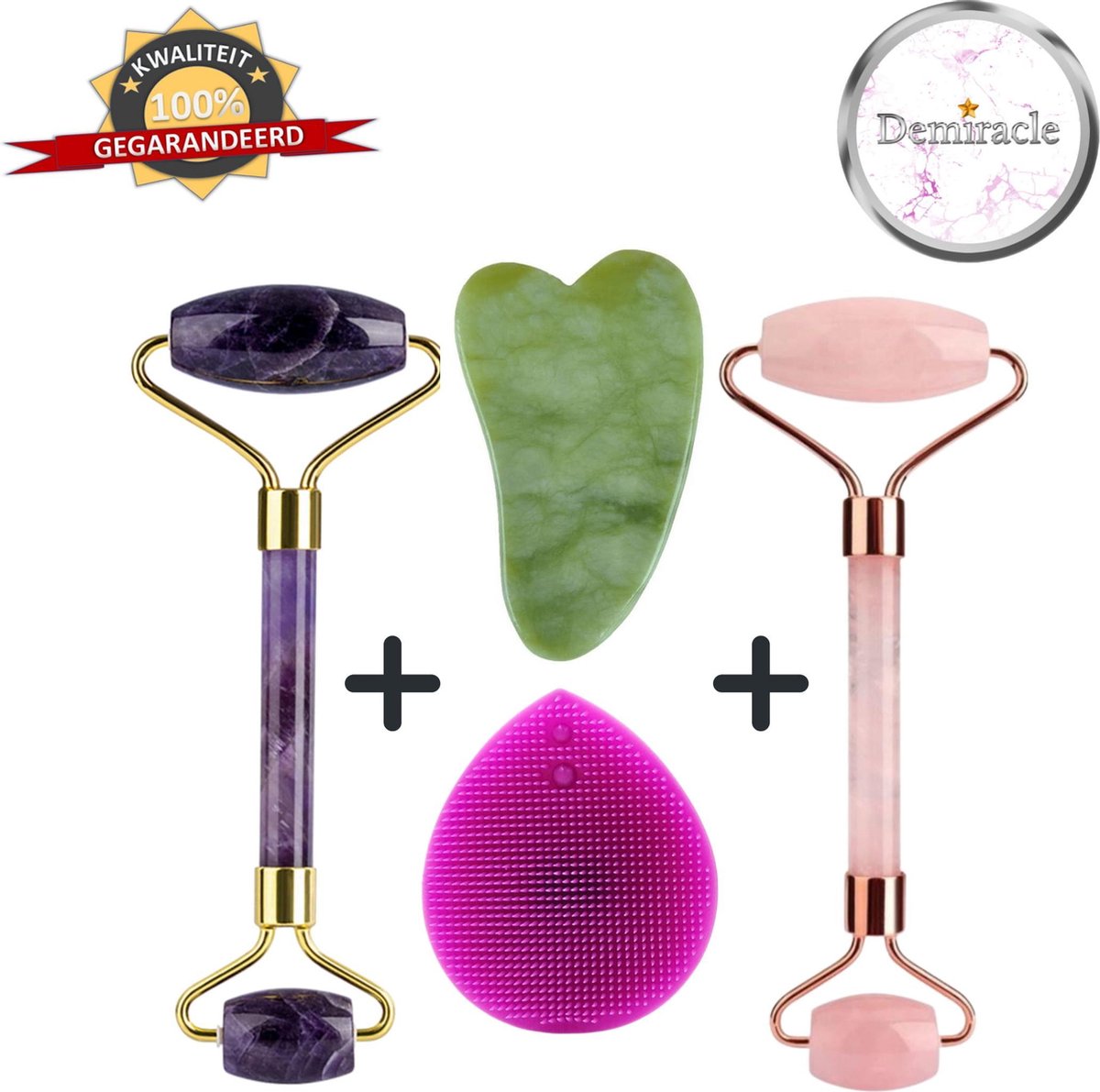 Demiracle Amethist en Rose Quartz Face Roller met Gua Sha Jade schraper en Paarse Gezichtsreinigingsborstel – Gezichtsmassage – Massagetools – Massage - Ontspanning – Kwaliteit