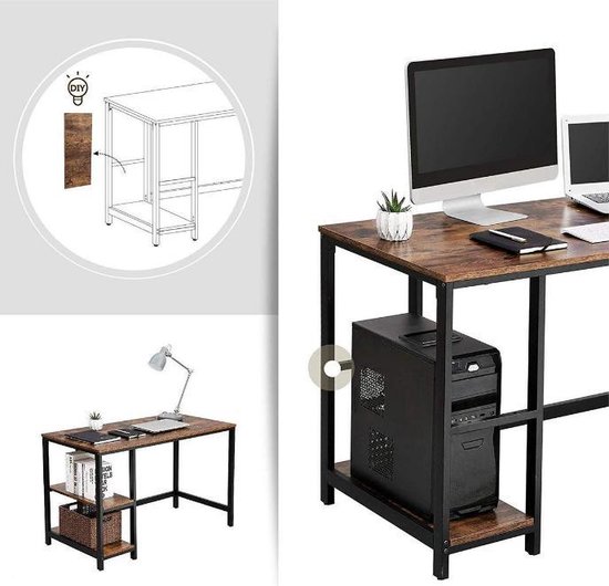 Bureau met bruin houtnerf blad en zwart frame, met een computeropstelling. Bevat een montage-instructie met een detail.