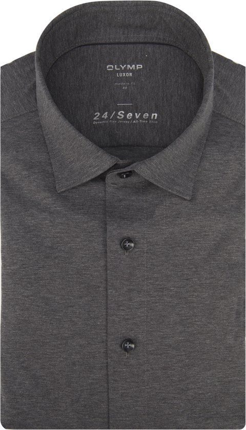 OLYMP - Luxor Stretch Jersey Overhemd 24/Seven Antraciet - Heren - Modern-fit