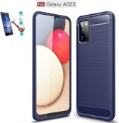 Samsung Galaxy A02S Carbone Brushed Tpu Blauw Cover Case Hoesje - 1 x Tempered Glass Screenprotector CTBL