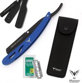 Maxon 2H Shavette Barbiermes - Open Scheermes Blauw RVS - incl. Leren Etui & 5x2 Derby Scheermesjes