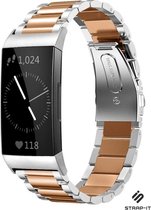Stalen Smartwatch bandje - Geschikt voor  Fitbit Charge 4 stalen bandje - zilver/rosé goud - Strap-it Horlogeband / Polsband / Armband