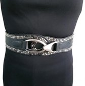 Dames heup riem zwart -Elastische taille riem lengte 80 - Stretchgehalte riem Size 75-95 cm- Vier seizoenen - Zilver riem 8-6 cm breed