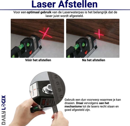 Laserwaterpas Rolmaat met Kruislijnlaser en Lijnlaser met Meetlint - Laser Waterpas met 3 Lasers - DAILY LOGIX