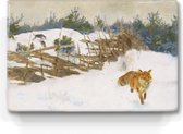 Peinture sur bois - Renard dans un paysage d'hiver - Bruno Liljefors - 30 x 19,5 cm - Indiscernable de la réalité - Laqueprint.