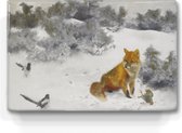 Peinture sur bois - Renard dans un paysage d'hiver avec des pies - Bruno Liljefors - 30 x 19,5 cm - Tirage à la laque - Chef-d'œuvre verni à la main à afficher ou à accrocher